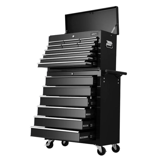 A black, multi-tiered Giantz 16 Drawer Tool Box Cabinet Chest Trolley Toolbox Garage Storage Box with an open top and several open drawers of varying sizes. This workshop organizer has handles on the sides and is mounted on four caster wheels for mobility, all crafted from durable steel construction.