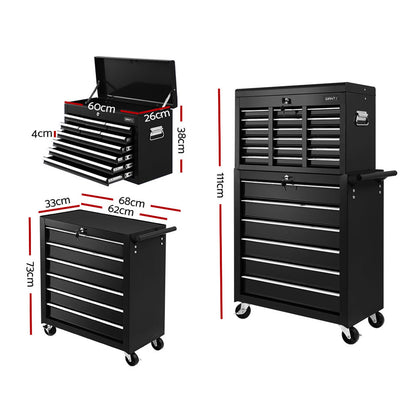 A black, multi-tiered Giantz 16 Drawer Tool Box Cabinet Chest Trolley Toolbox Garage Storage Box with an open top and several open drawers of varying sizes. This workshop organizer has handles on the sides and is mounted on four caster wheels for mobility, all crafted from durable steel construction.