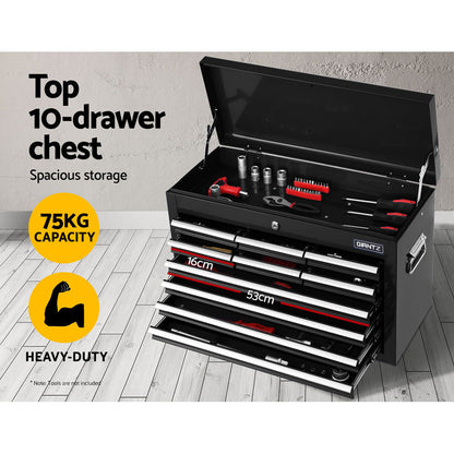 A black, multi-tiered Giantz 16 Drawer Tool Box Cabinet Chest Trolley Toolbox Garage Storage Box with an open top and several open drawers of varying sizes. This workshop organizer has handles on the sides and is mounted on four caster wheels for mobility, all crafted from durable steel construction.