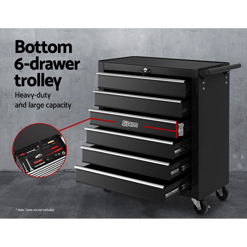 A black, multi-tiered Giantz 16 Drawer Tool Box Cabinet Chest Trolley Toolbox Garage Storage Box with an open top and several open drawers of varying sizes. This workshop organizer has handles on the sides and is mounted on four caster wheels for mobility, all crafted from durable steel construction.