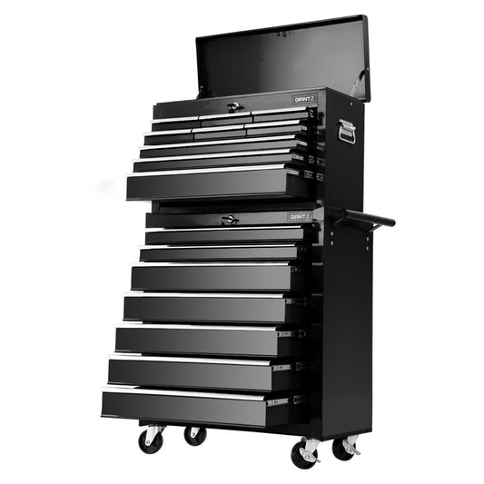 A Giantz 16 Drawer Tool Box Cabinet Chest Trolley Toolbox Garage Storage Black with an open top compartment. It features several varying-sized, lockable drawers, some partially opened. The Giantz 16 Drawer Tool Box Cabinet Chest Trolley Toolbox Garage Storage Black has ball bearing slides for smooth operation, wheels for mobility, and side handles for carrying.