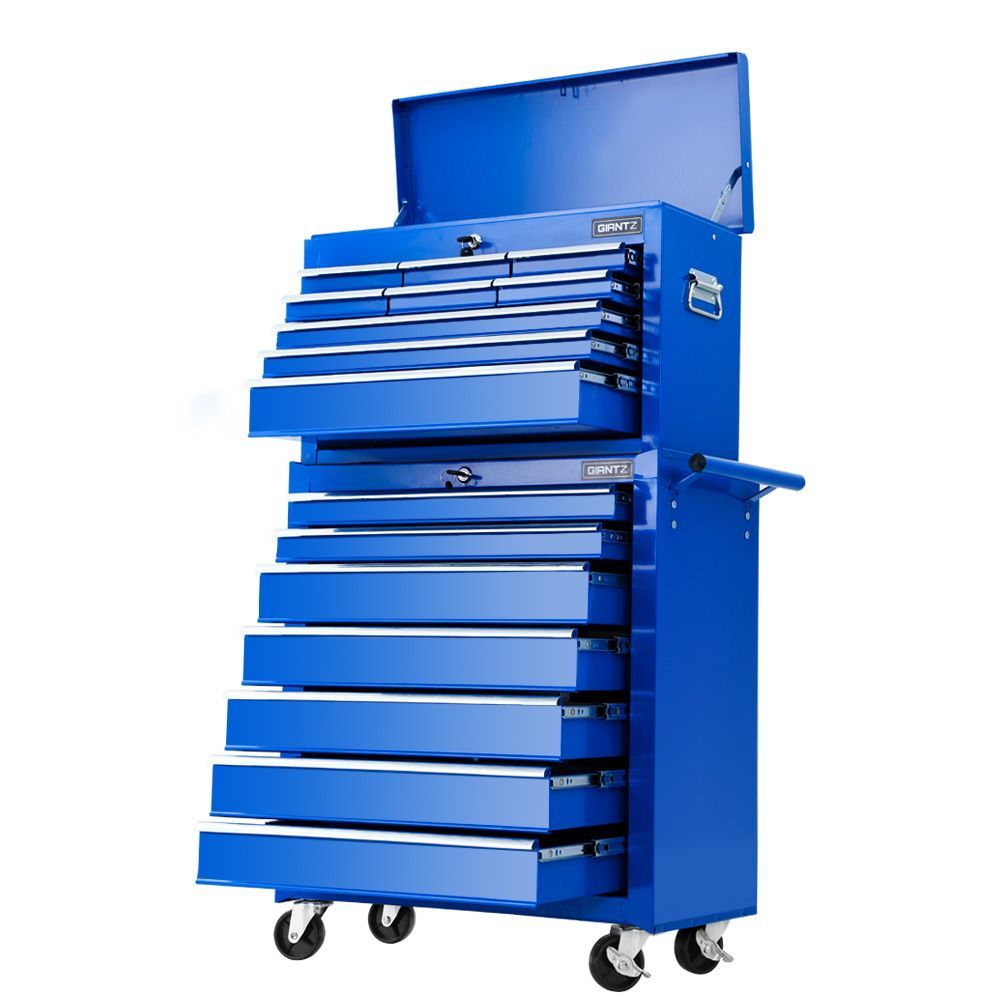 A Giantz Tool Chest and Trolley Box Cabinet 16 Drawers Cart Garage Storage Blue with multiple drawers of varying sizes, some of which are open, stands on four caster wheels like a sturdy trolley. It has a vertical handle on the right side and a hinged top compartment that is open. The metal chest provides versatile tool storage solutions.