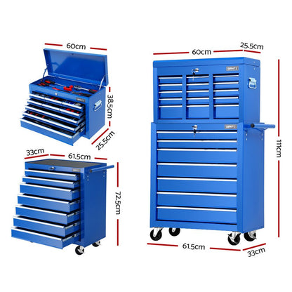 A Giantz Tool Chest and Trolley Box Cabinet 16 Drawers Cart Garage Storage Blue with multiple drawers of varying sizes, some of which are open, stands on four caster wheels like a sturdy trolley. It has a vertical handle on the right side and a hinged top compartment that is open. The metal chest provides versatile tool storage solutions.