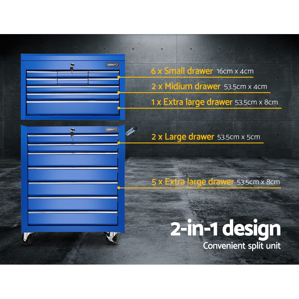 A Giantz Tool Chest and Trolley Box Cabinet 16 Drawers Cart Garage Storage Blue with multiple drawers of varying sizes, some of which are open, stands on four caster wheels like a sturdy trolley. It has a vertical handle on the right side and a hinged top compartment that is open. The metal chest provides versatile tool storage solutions.