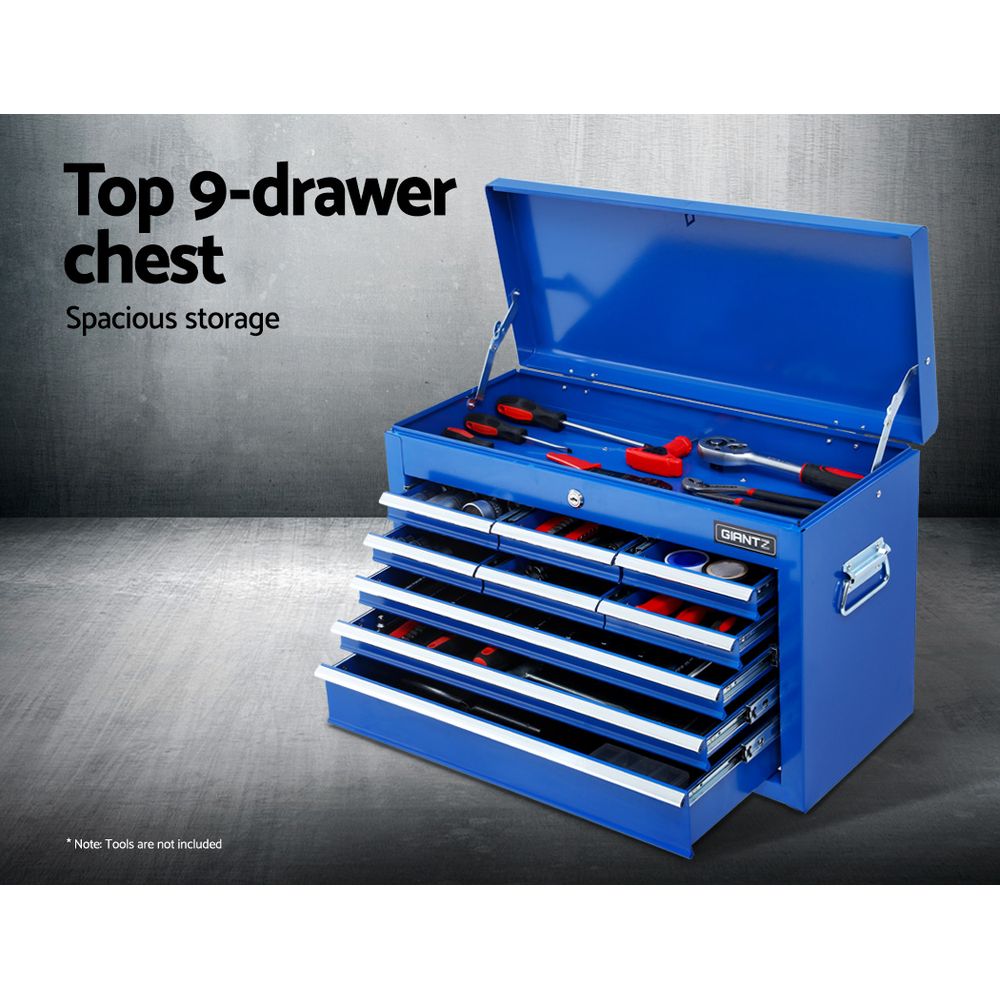 A Giantz Tool Chest and Trolley Box Cabinet 16 Drawers Cart Garage Storage Blue with multiple drawers of varying sizes, some of which are open, stands on four caster wheels like a sturdy trolley. It has a vertical handle on the right side and a hinged top compartment that is open. The metal chest provides versatile tool storage solutions.