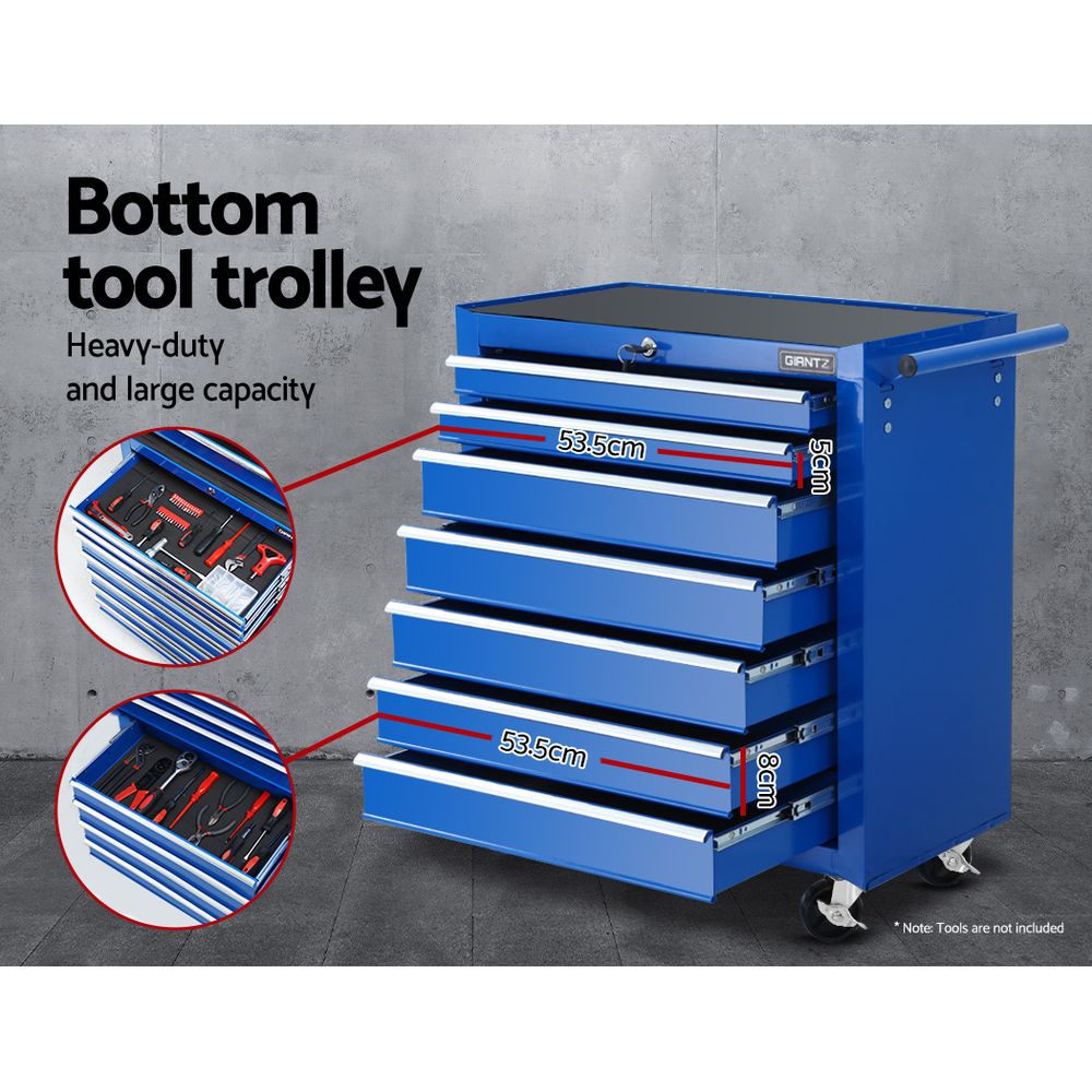 A Giantz Tool Chest and Trolley Box Cabinet 16 Drawers Cart Garage Storage Blue with multiple drawers of varying sizes, some of which are open, stands on four caster wheels like a sturdy trolley. It has a vertical handle on the right side and a hinged top compartment that is open. The metal chest provides versatile tool storage solutions.