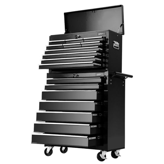 A Giantz 17 Drawer Tool Box Cabinet Chest Trolley Toolbox Garage Storage Box Black on wheels with an open top compartment and various sized, lockable drawers extending from the front. The chest has two handles on the sides and is designed for organizing and storing tools, with ball-bearing slides ensuring smooth drawer operation.