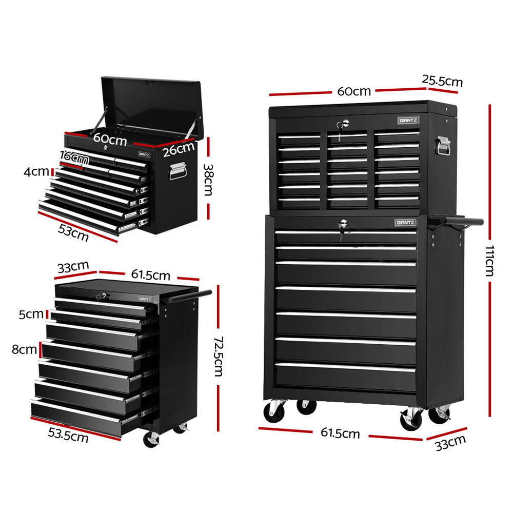 A Giantz 17 Drawer Tool Box Cabinet Chest Trolley Toolbox Garage Storage Box Black on wheels with an open top compartment and various sized, lockable drawers extending from the front. The chest has two handles on the sides and is designed for organizing and storing tools, with ball-bearing slides ensuring smooth drawer operation.