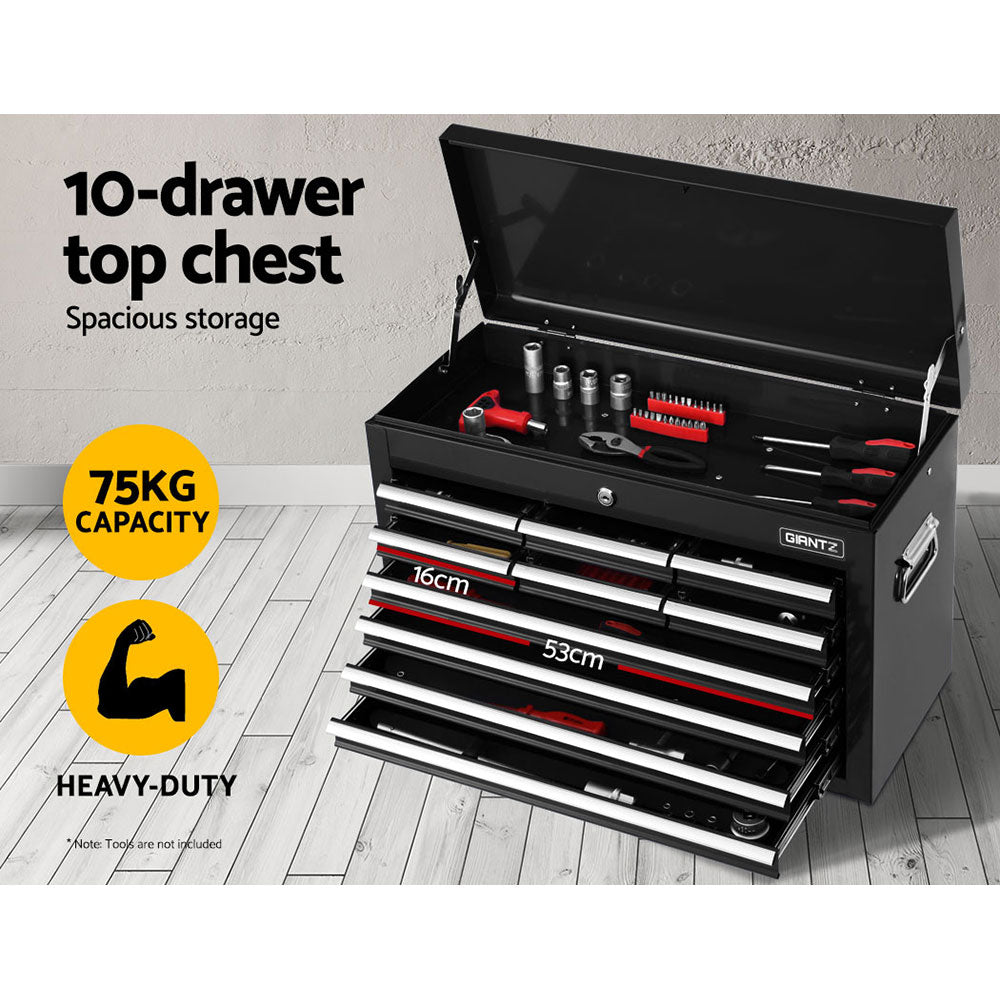 A Giantz 17 Drawer Tool Box Cabinet Chest Trolley Toolbox Garage Storage Box Black on wheels with an open top compartment and various sized, lockable drawers extending from the front. The chest has two handles on the sides and is designed for organizing and storing tools, with ball-bearing slides ensuring smooth drawer operation.