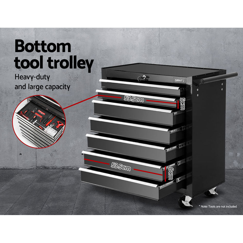 A Giantz 17 Drawer Tool Box Cabinet Chest Trolley Toolbox Garage Storage Box Black on wheels with an open top compartment and various sized, lockable drawers extending from the front. The chest has two handles on the sides and is designed for organizing and storing tools, with ball-bearing slides ensuring smooth drawer operation.