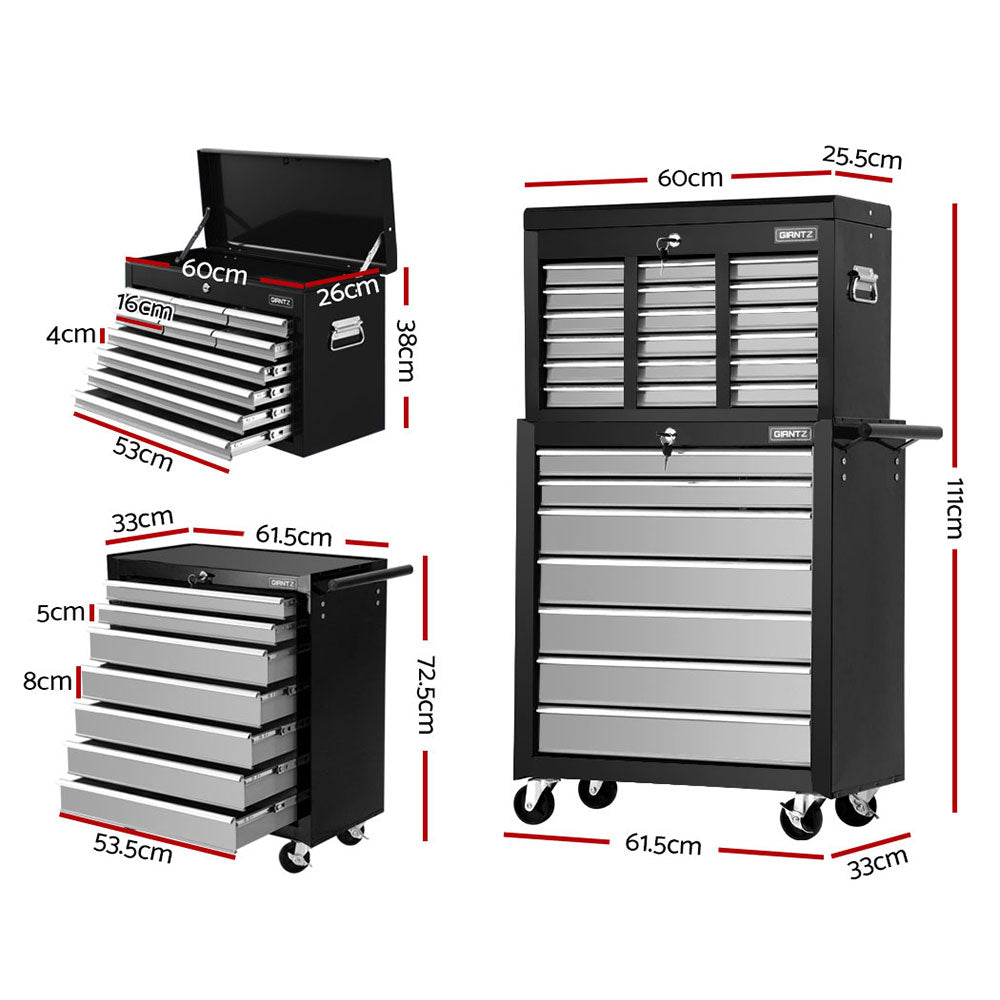 A black and silver Giantz 17 Drawer Tool Box Cabinet Chest Trolley Toolbox Garage Storage Box Grey with multiple open, lockable drawers is shown set on caster wheels for mobility. The chest is equipped with side handles for ease of transport, and the top compartment is open. The drawers of this multi-drawer tool chest are of various sizes, designed to store tools and equipment.