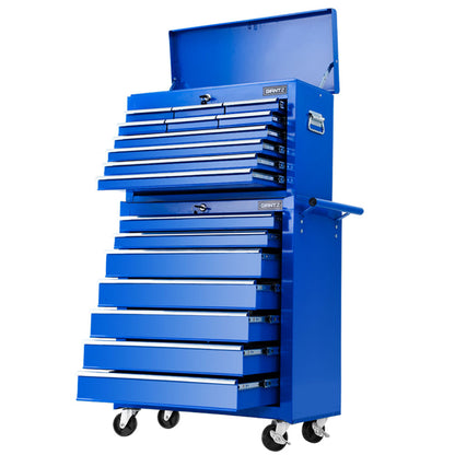 A blue, multi-drawer tool chest on wheels with a top section that opens and numerous lockable drawers of various sizes. Crafted from durable steel, the Giantz 17 Drawer Tool Box Cabinet Chest Trolley Toolbox Garage Storage Box Blue features side handles, a push bar for mobility, and is comparable to the versatile Giantz Tool Trolley.