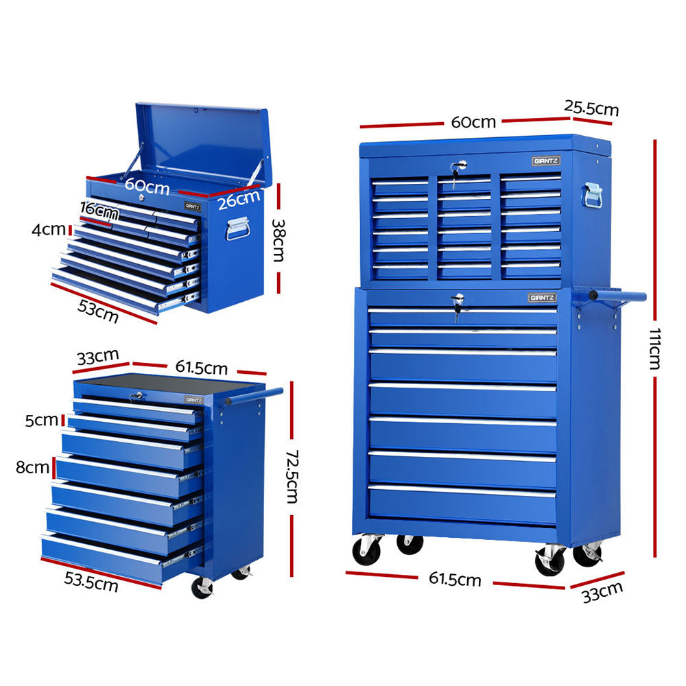 A blue, multi-drawer tool chest on wheels with a top section that opens and numerous lockable drawers of various sizes. Crafted from durable steel, the Giantz 17 Drawer Tool Box Cabinet Chest Trolley Toolbox Garage Storage Box Blue features side handles, a push bar for mobility, and is comparable to the versatile Giantz Tool Trolley.