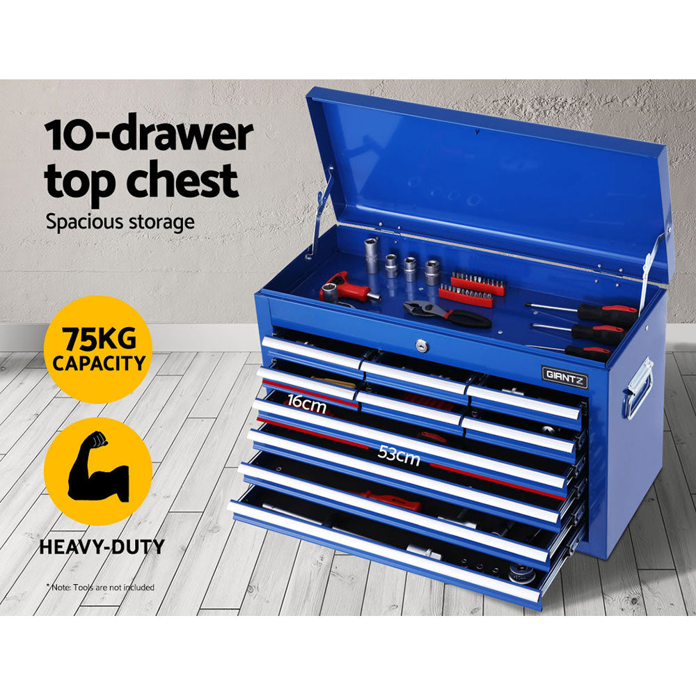 A blue, multi-drawer tool chest on wheels with a top section that opens and numerous lockable drawers of various sizes. Crafted from durable steel, the Giantz 17 Drawer Tool Box Cabinet Chest Trolley Toolbox Garage Storage Box Blue features side handles, a push bar for mobility, and is comparable to the versatile Giantz Tool Trolley.