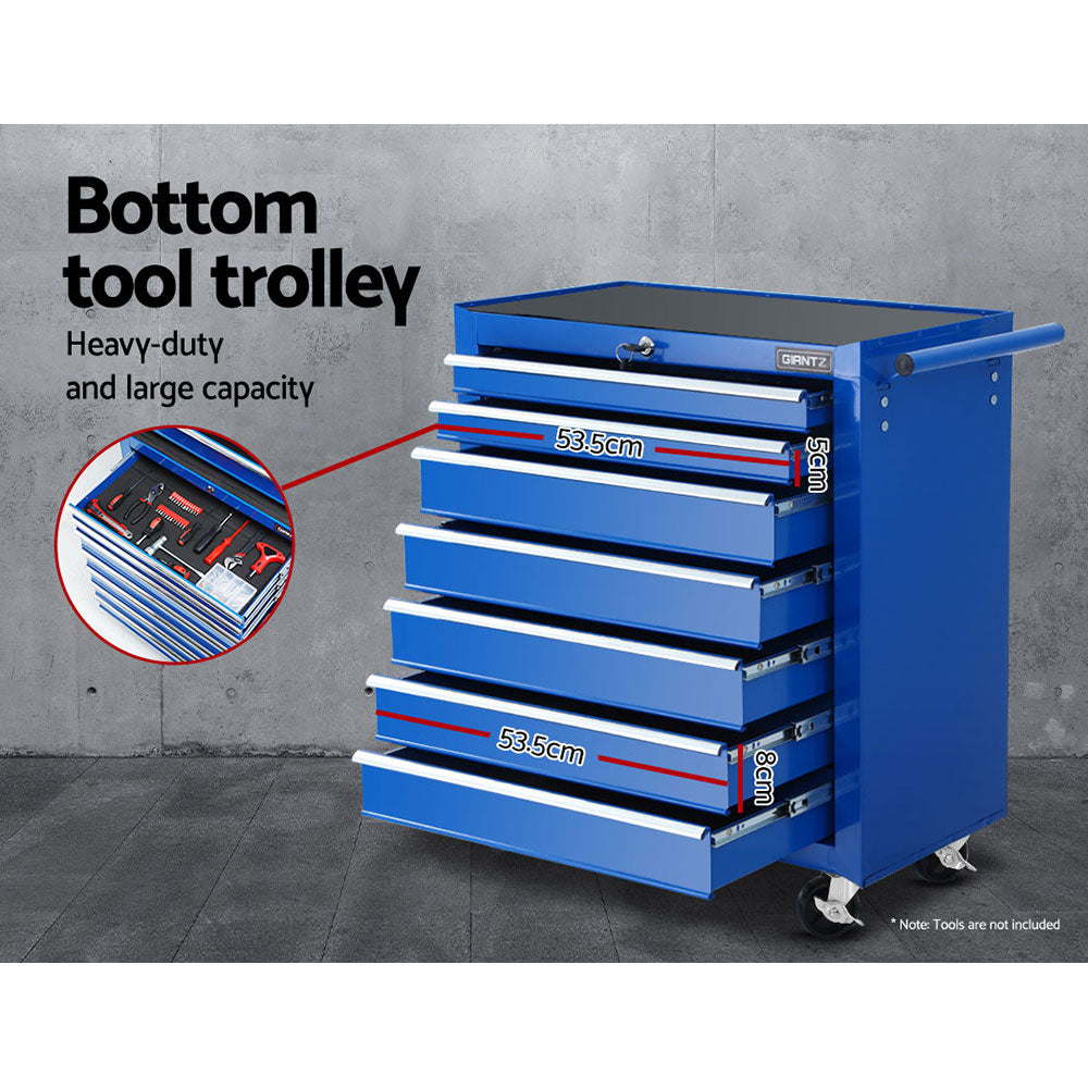 A blue, multi-drawer tool chest on wheels with a top section that opens and numerous lockable drawers of various sizes. Crafted from durable steel, the Giantz 17 Drawer Tool Box Cabinet Chest Trolley Toolbox Garage Storage Box Blue features side handles, a push bar for mobility, and is comparable to the versatile Giantz Tool Trolley.