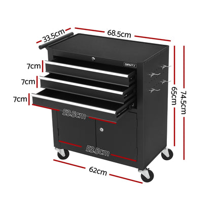 Black metal Giantz 3 Drawer Tool Box Chest Cabinet Toolbox Storage Garage Organiser Wheels on wheels with three open drawers, displaying ample storage space. The Giantz Tool Trolley is branded with "GRNTZ" on the upper right. There are hooks on the right side for additional storage. Below the drawers, a closed cabinet with handles adds to this multi-drawer tool trolley's functionality.