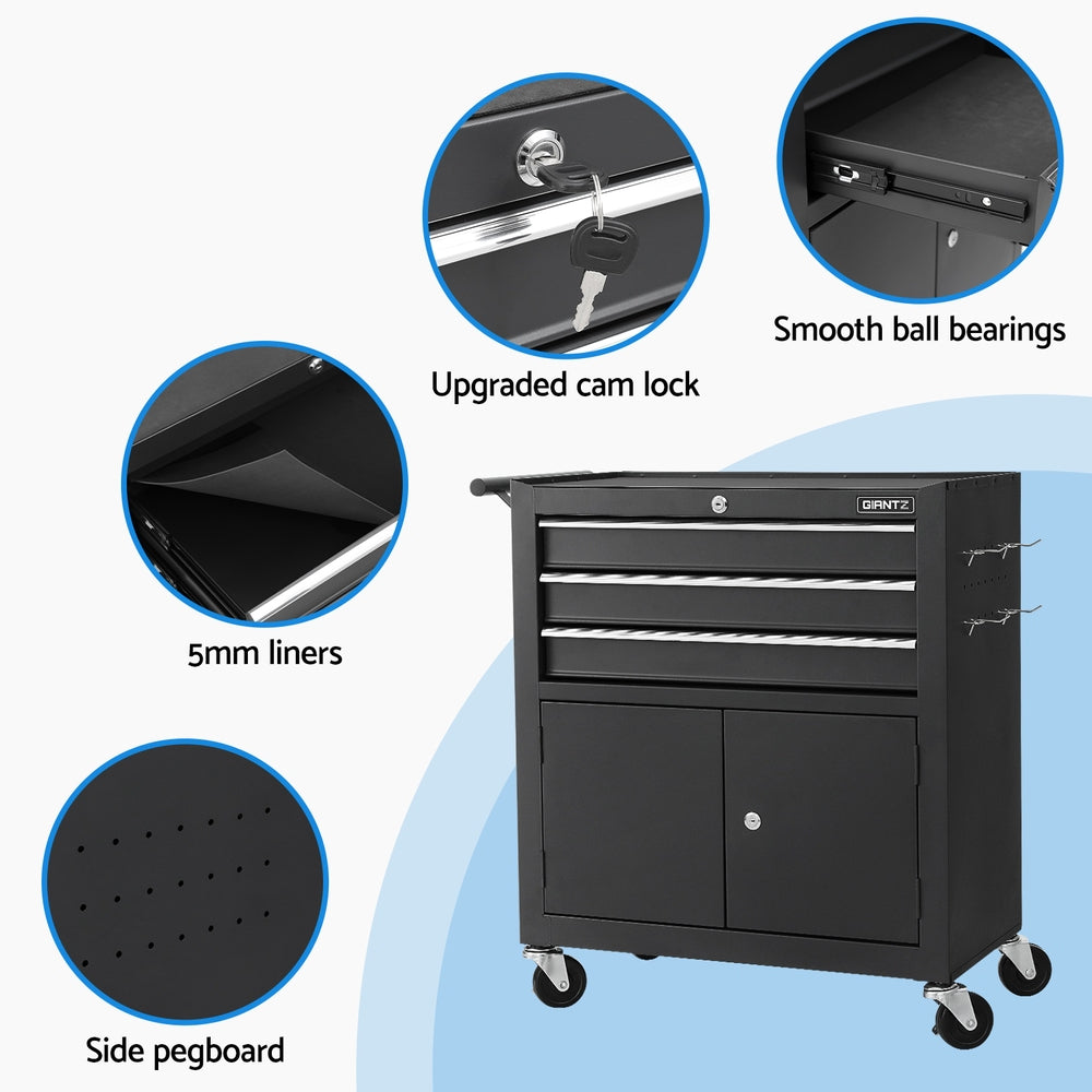 Black metal Giantz 3 Drawer Tool Box Chest Cabinet Toolbox Storage Garage Organiser Wheels on wheels with three open drawers, displaying ample storage space. The Giantz Tool Trolley is branded with "GRNTZ" on the upper right. There are hooks on the right side for additional storage. Below the drawers, a closed cabinet with handles adds to this multi-drawer tool trolley's functionality.