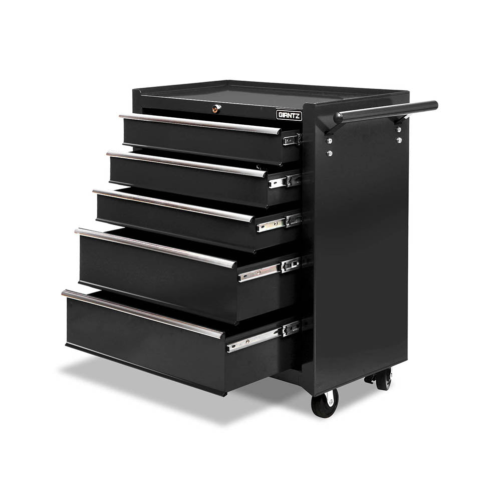 Close-up image showing two 3-inch rotatable wheels on a Giantz 5 Drawer Tool Box Cabinet Chest Trolley Box Garage Storage Toolbox Black. The wheels, ideal for any tool chest or workshop essential, have a locking brake system and can rotate 360 degrees. Text on the image reads "Tough 3” wheels," "360° rotatable," and "Lockable" with an arrow demonstrating the rotation.