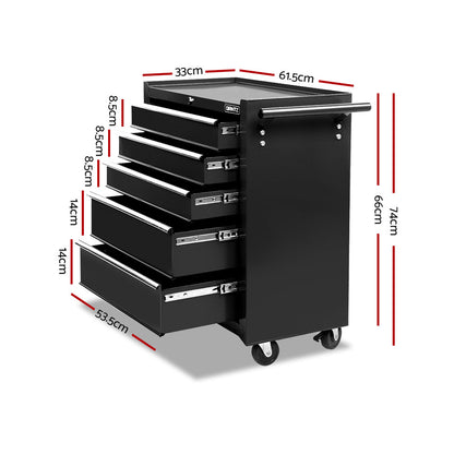 Close-up image showing two 3-inch rotatable wheels on a Giantz 5 Drawer Tool Box Cabinet Chest Trolley Box Garage Storage Toolbox Black. The wheels, ideal for any tool chest or workshop essential, have a locking brake system and can rotate 360 degrees. Text on the image reads "Tough 3” wheels," "360° rotatable," and "Lockable" with an arrow demonstrating the rotation.