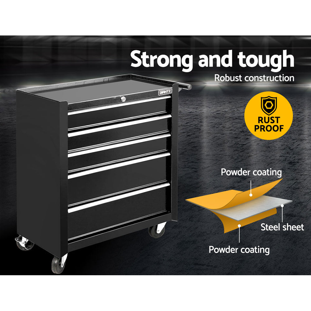 Close-up image showing two 3-inch rotatable wheels on a Giantz 5 Drawer Tool Box Cabinet Chest Trolley Box Garage Storage Toolbox Black. The wheels, ideal for any tool chest or workshop essential, have a locking brake system and can rotate 360 degrees. Text on the image reads "Tough 3” wheels," "360° rotatable," and "Lockable" with an arrow demonstrating the rotation.