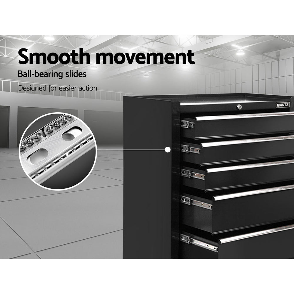 Close-up image showing two 3-inch rotatable wheels on a Giantz 5 Drawer Tool Box Cabinet Chest Trolley Box Garage Storage Toolbox Black. The wheels, ideal for any tool chest or workshop essential, have a locking brake system and can rotate 360 degrees. Text on the image reads "Tough 3” wheels," "360° rotatable," and "Lockable" with an arrow demonstrating the rotation.