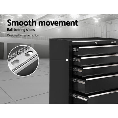 Close-up image showing two 3-inch rotatable wheels on a Giantz 5 Drawer Tool Box Cabinet Chest Trolley Box Garage Storage Toolbox Black. The wheels, ideal for any tool chest or workshop essential, have a locking brake system and can rotate 360 degrees. Text on the image reads "Tough 3” wheels," "360° rotatable," and "Lockable" with an arrow demonstrating the rotation.