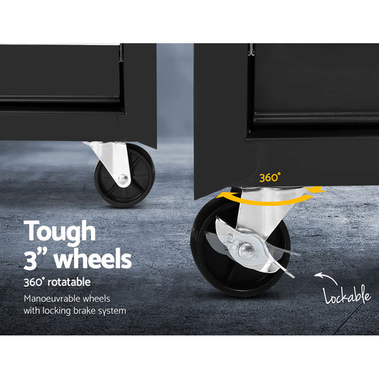 Close-up image showing two 3-inch rotatable wheels on a Giantz 5 Drawer Tool Box Cabinet Chest Trolley Box Garage Storage Toolbox Black. The wheels, ideal for any tool chest or workshop essential, have a locking brake system and can rotate 360 degrees. Text on the image reads "Tough 3” wheels," "360° rotatable," and "Lockable" with an arrow demonstrating the rotation.