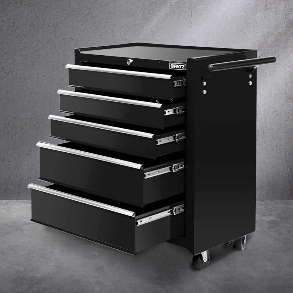 Close-up image showing two 3-inch rotatable wheels on a Giantz 5 Drawer Tool Box Cabinet Chest Trolley Box Garage Storage Toolbox Black. The wheels, ideal for any tool chest or workshop essential, have a locking brake system and can rotate 360 degrees. Text on the image reads "Tough 3” wheels," "360° rotatable," and "Lockable" with an arrow demonstrating the rotation.