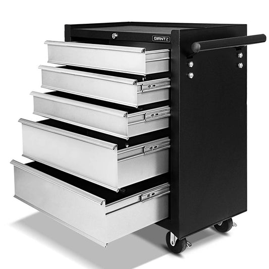 A Giantz 5 Drawer Tool Box Cabinet Chest Trolley Box Garage Storage Toolbox Grey features five open, lockable drawers to showcase their interior space. The trolley has a side handle and is positioned on four casters for mobility. The brand name "GRANTZ" is prominently displayed on the front of the top drawer.