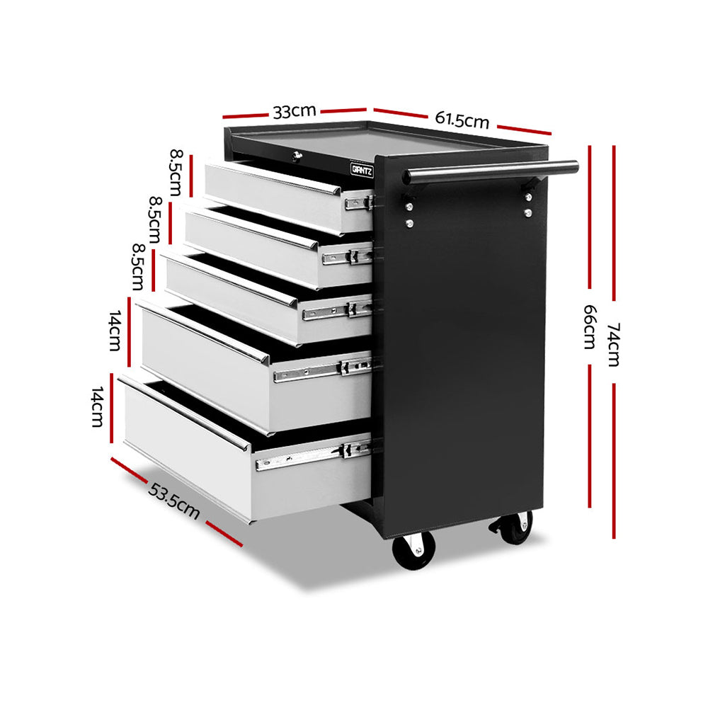 A Giantz 5 Drawer Tool Box Cabinet Chest Trolley Box Garage Storage Toolbox Grey features five open, lockable drawers to showcase their interior space. The trolley has a side handle and is positioned on four casters for mobility. The brand name "GRANTZ" is prominently displayed on the front of the top drawer.