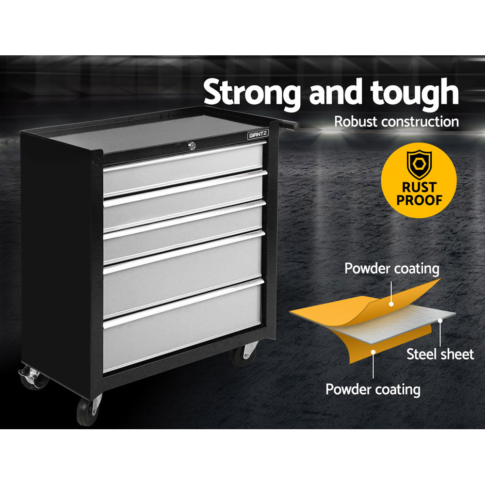 A Giantz 5 Drawer Tool Box Cabinet Chest Trolley Box Garage Storage Toolbox Grey features five open, lockable drawers to showcase their interior space. The trolley has a side handle and is positioned on four casters for mobility. The brand name "GRANTZ" is prominently displayed on the front of the top drawer.