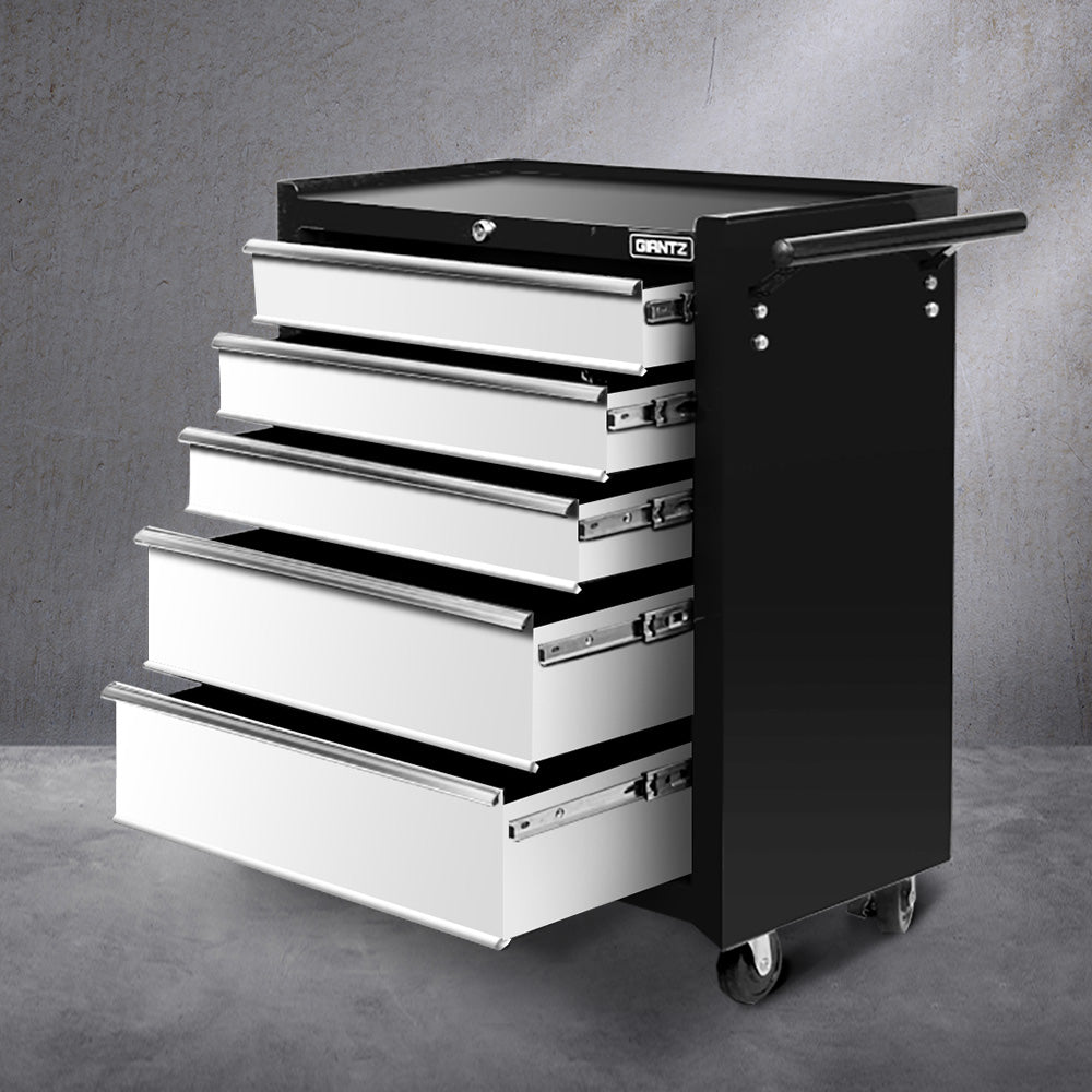 A Giantz 5 Drawer Tool Box Cabinet Chest Trolley Box Garage Storage Toolbox Grey features five open, lockable drawers to showcase their interior space. The trolley has a side handle and is positioned on four casters for mobility. The brand name "GRANTZ" is prominently displayed on the front of the top drawer.