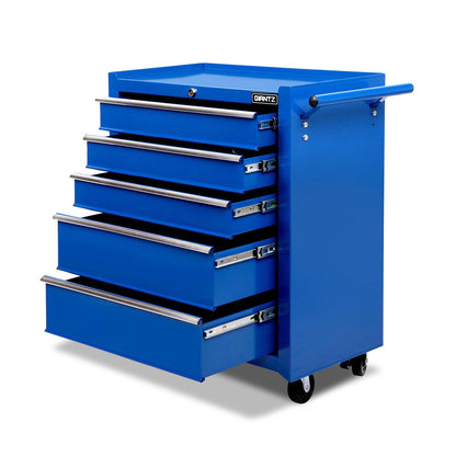 Comparison image of two lock and key systems. The left showcases "GIANTZ" on a Giantz 5 Drawer Tool Box Cabinet Chest Trolley Box Garage Storage Toolbox Blue with a silver key in a blue lock, highlighting benefits like ease of use and durability. The right displays a black, damaged key with the message "Others," noting issues like difficulty in usage and damage.