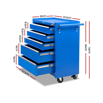 Comparison image of two lock and key systems. The left showcases "GIANTZ" on a Giantz 5 Drawer Tool Box Cabinet Chest Trolley Box Garage Storage Toolbox Blue with a silver key in a blue lock, highlighting benefits like ease of use and durability. The right displays a black, damaged key with the message "Others," noting issues like difficulty in usage and damage.