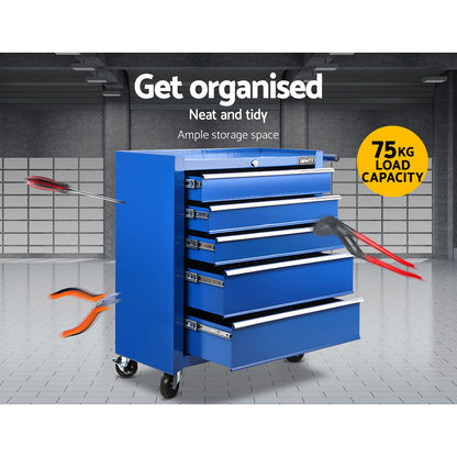 Comparison image of two lock and key systems. The left showcases "GIANTZ" on a Giantz 5 Drawer Tool Box Cabinet Chest Trolley Box Garage Storage Toolbox Blue with a silver key in a blue lock, highlighting benefits like ease of use and durability. The right displays a black, damaged key with the message "Others," noting issues like difficulty in usage and damage.