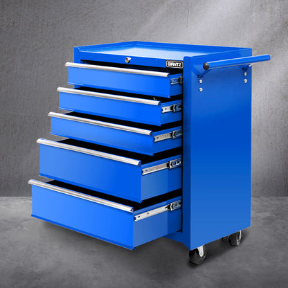 Comparison image of two lock and key systems. The left showcases "GIANTZ" on a Giantz 5 Drawer Tool Box Cabinet Chest Trolley Box Garage Storage Toolbox Blue with a silver key in a blue lock, highlighting benefits like ease of use and durability. The right displays a black, damaged key with the message "Others," noting issues like difficulty in usage and damage.