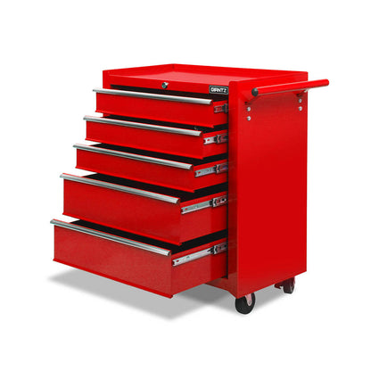 A red wheeled Giantz 5 Drawer Tool Box Cabinet Chest Trolley Box Garage Storage Toolbox Red with four drawers and a side handle is shown. Text above reads "Strong and tough" and "Robust construction." A graphic on the right illustrates the layers of powder coating and steel sheet, with the text "Rust proof" and "Powder coating.