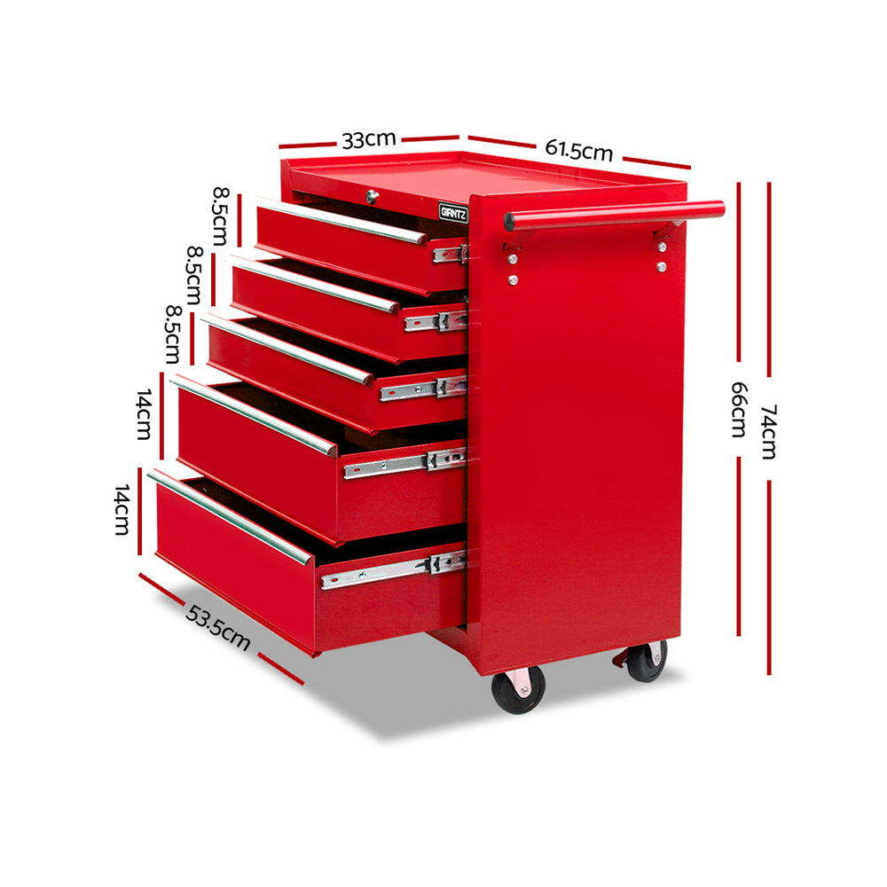 A red wheeled Giantz 5 Drawer Tool Box Cabinet Chest Trolley Box Garage Storage Toolbox Red with four drawers and a side handle is shown. Text above reads "Strong and tough" and "Robust construction." A graphic on the right illustrates the layers of powder coating and steel sheet, with the text "Rust proof" and "Powder coating.