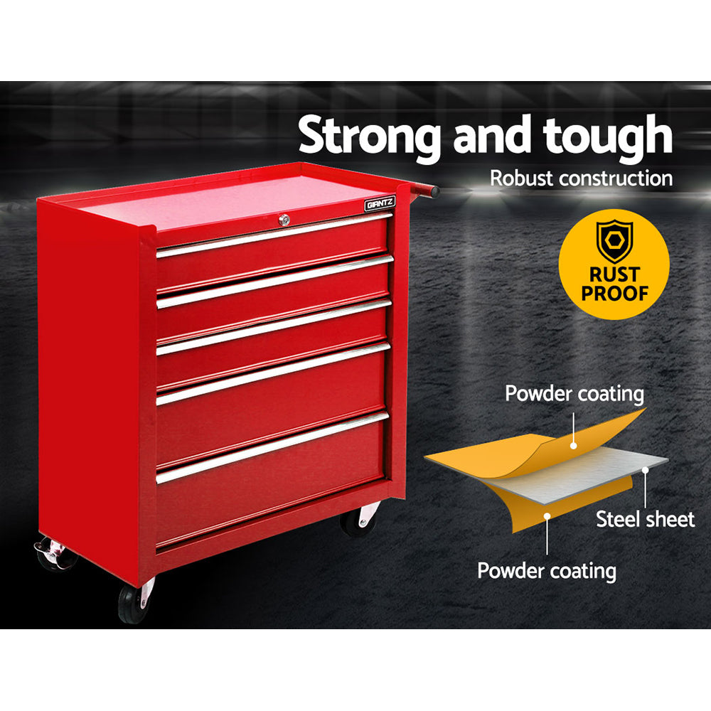 A red wheeled Giantz 5 Drawer Tool Box Cabinet Chest Trolley Box Garage Storage Toolbox Red with four drawers and a side handle is shown. Text above reads "Strong and tough" and "Robust construction." A graphic on the right illustrates the layers of powder coating and steel sheet, with the text "Rust proof" and "Powder coating.