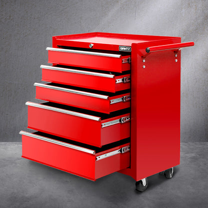 A red wheeled Giantz 5 Drawer Tool Box Cabinet Chest Trolley Box Garage Storage Toolbox Red with four drawers and a side handle is shown. Text above reads "Strong and tough" and "Robust construction." A graphic on the right illustrates the layers of powder coating and steel sheet, with the text "Rust proof" and "Powder coating.