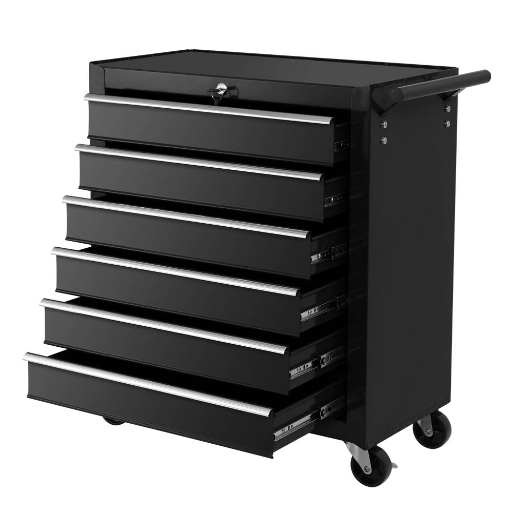 A black, wheeled Giantz 6 Drawer Tool Box Cabinet Chest Trolley Cart Garage Toolbox Storage with six partially opened drawers and a secure lock system on top. The chest has a handle on the right side and rests on four caster wheels for mobility.