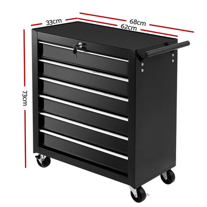 A black, wheeled Giantz 6 Drawer Tool Box Cabinet Chest Trolley Cart Garage Toolbox Storage with six partially opened drawers and a secure lock system on top. The chest has a handle on the right side and rests on four caster wheels for mobility.