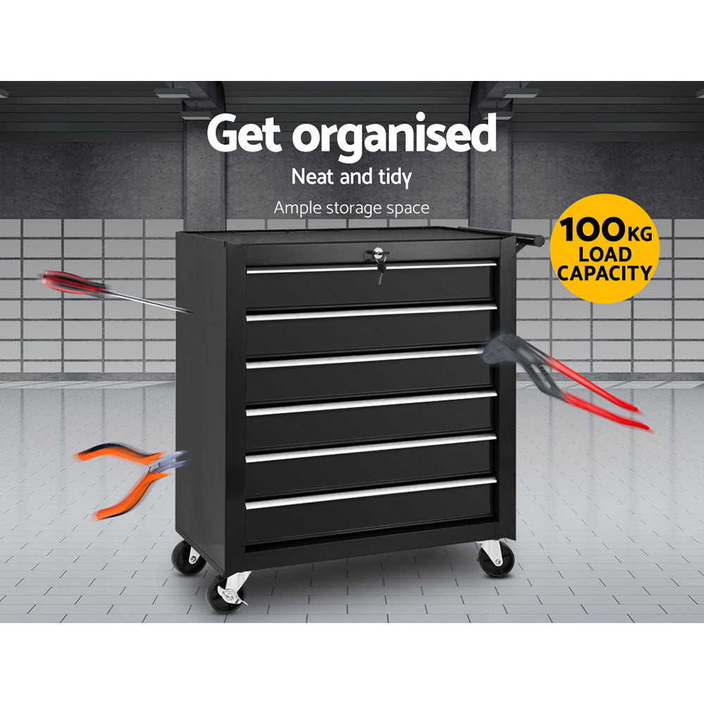 A black, wheeled Giantz 6 Drawer Tool Box Cabinet Chest Trolley Cart Garage Toolbox Storage with six partially opened drawers and a secure lock system on top. The chest has a handle on the right side and rests on four caster wheels for mobility.