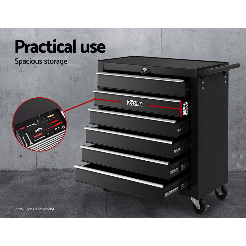 A black, wheeled Giantz 6 Drawer Tool Box Cabinet Chest Trolley Cart Garage Toolbox Storage with six partially opened drawers and a secure lock system on top. The chest has a handle on the right side and rests on four caster wheels for mobility.