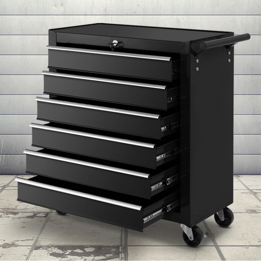 A black, wheeled Giantz 6 Drawer Tool Box Cabinet Chest Trolley Cart Garage Toolbox Storage with six partially opened drawers and a secure lock system on top. The chest has a handle on the right side and rests on four caster wheels for mobility.