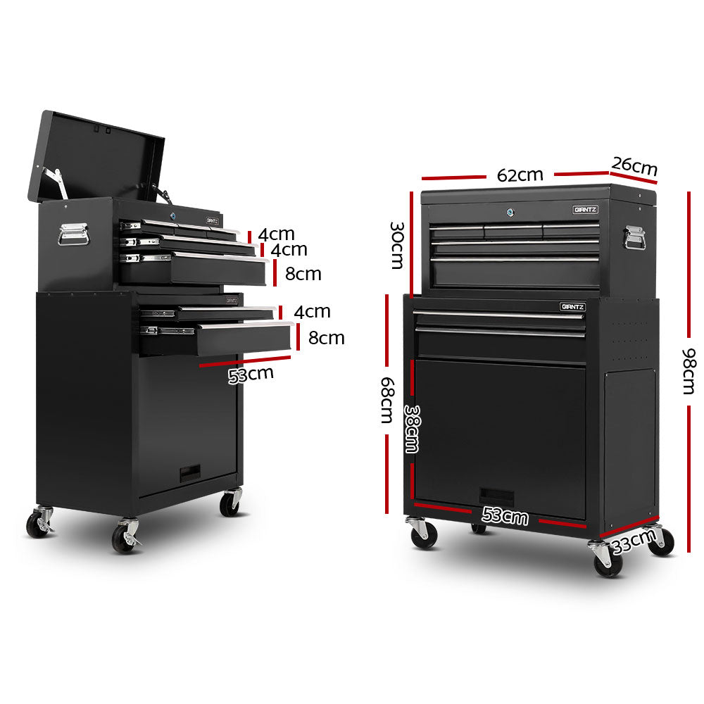 A black, robust Giantz 7 Drawer Tool Box Cabinet Chest Trolley Toolbox Garage Storage Black with an open top compartment and several partially open drawers. Crafted from durable steel construction, it features four caster wheels for mobility and handles on the sides. The CRAFTSMAN logo is proudly visible on the drawers.