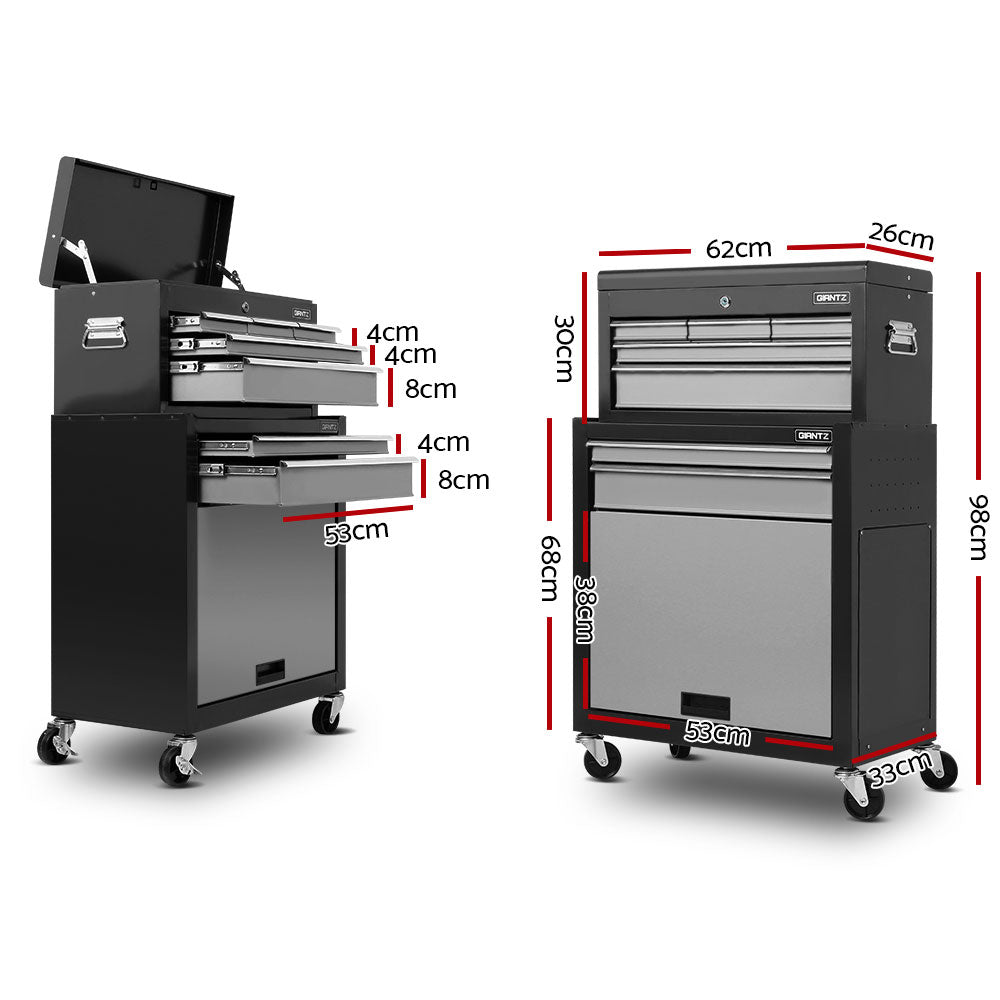 A black and silver rolling tool trolley with multiple lockable drawers boasts both open and closed storage. The top section features a hinged lid that reveals extra space, while the ball-bearing slides ensure smooth drawer operation. Mounted on four wheels for easy mobility, the "Giantz 7 Drawer Tool Box Cabinet Chest Trolley Toolbox Garage Storage Grey" brand is visible on the drawers.