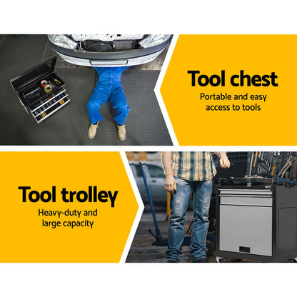 A black and silver rolling tool trolley with multiple lockable drawers boasts both open and closed storage. The top section features a hinged lid that reveals extra space, while the ball-bearing slides ensure smooth drawer operation. Mounted on four wheels for easy mobility, the "Giantz 7 Drawer Tool Box Cabinet Chest Trolley Toolbox Garage Storage Grey" brand is visible on the drawers.