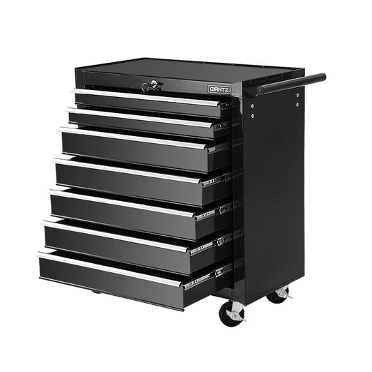 A black metal Giantz 7 Drawer Tool Box Cabinet Chest Trolley Storage Garage Toolbox Black with a handle and six lockable drawers. The slightly open drawers showcase their storage space. Constructed from durable steel, the chest features four wheels for mobility. The brand "Grintz" is visible on the top drawer.