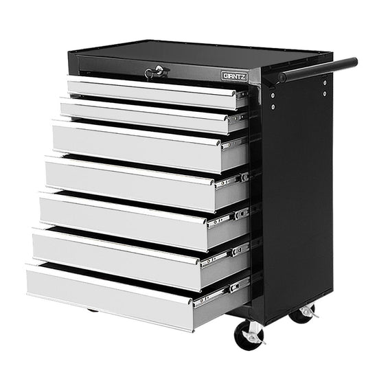 A black and white Giantz 7 Drawer Tool Box Cabinet Chest Trolley Storage Garage Toolbox Grey with six lockable drawers on smooth ball-bearing slides, topped with a lockable compartment. The chest features four caster wheels for mobility and a handle on the right side. The brand "GRNTZ" is prominently displayed near the top front.